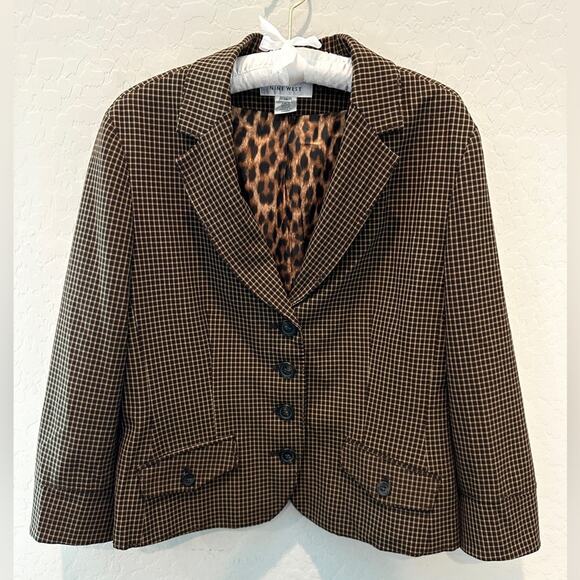 NINE WEST | Vintage Brown Cropped Plaid Blazer Jacket Leopard Lined | Size 14 - Picture 1 of 6